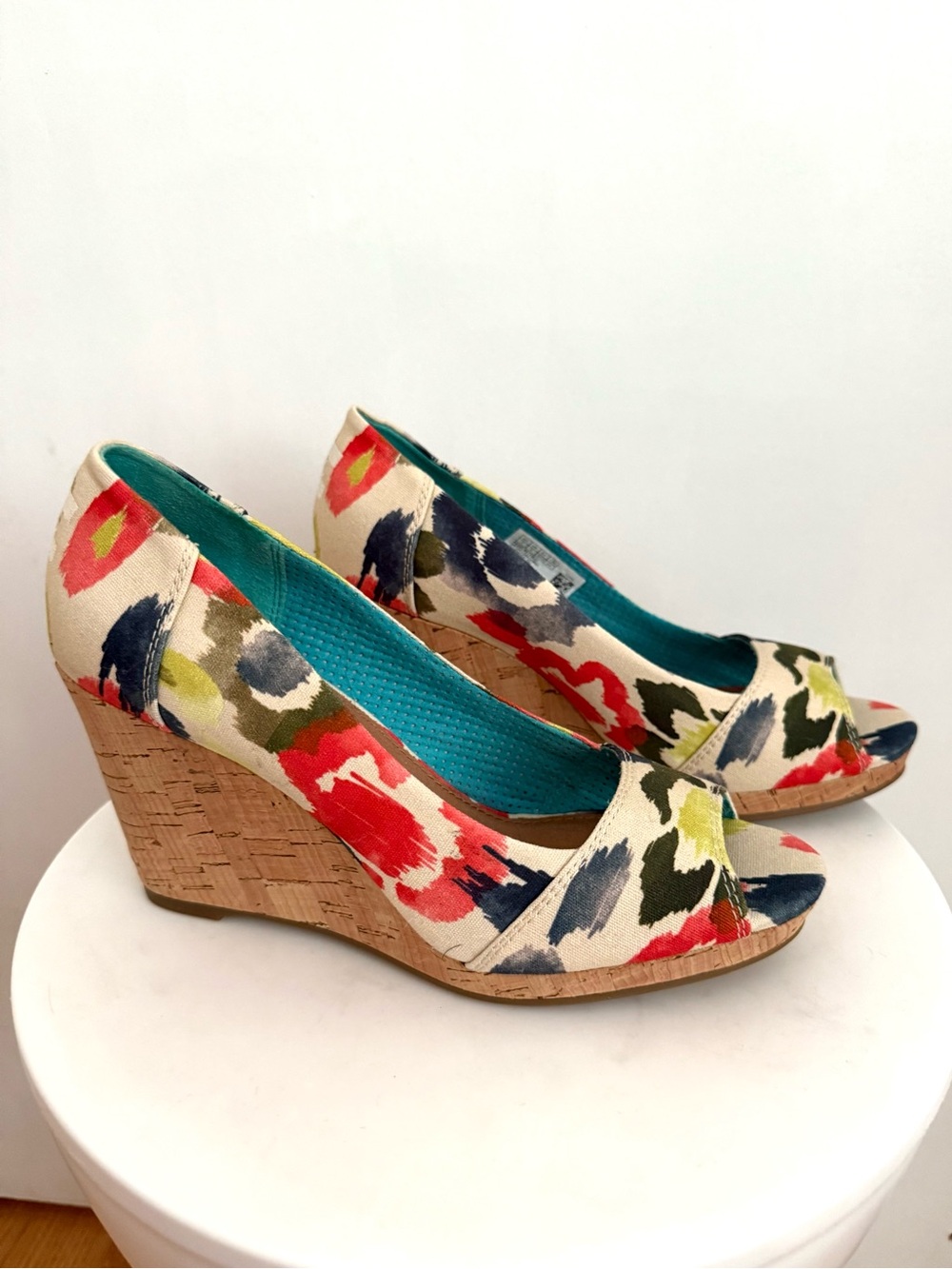 Toms Multicolor Floral Canvas Cork Wedge Peep-Toe Heels